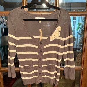 Decree Women XL Gray Oatmeal Striped Rosette‎ Button Front Cardigan Sweater NWT